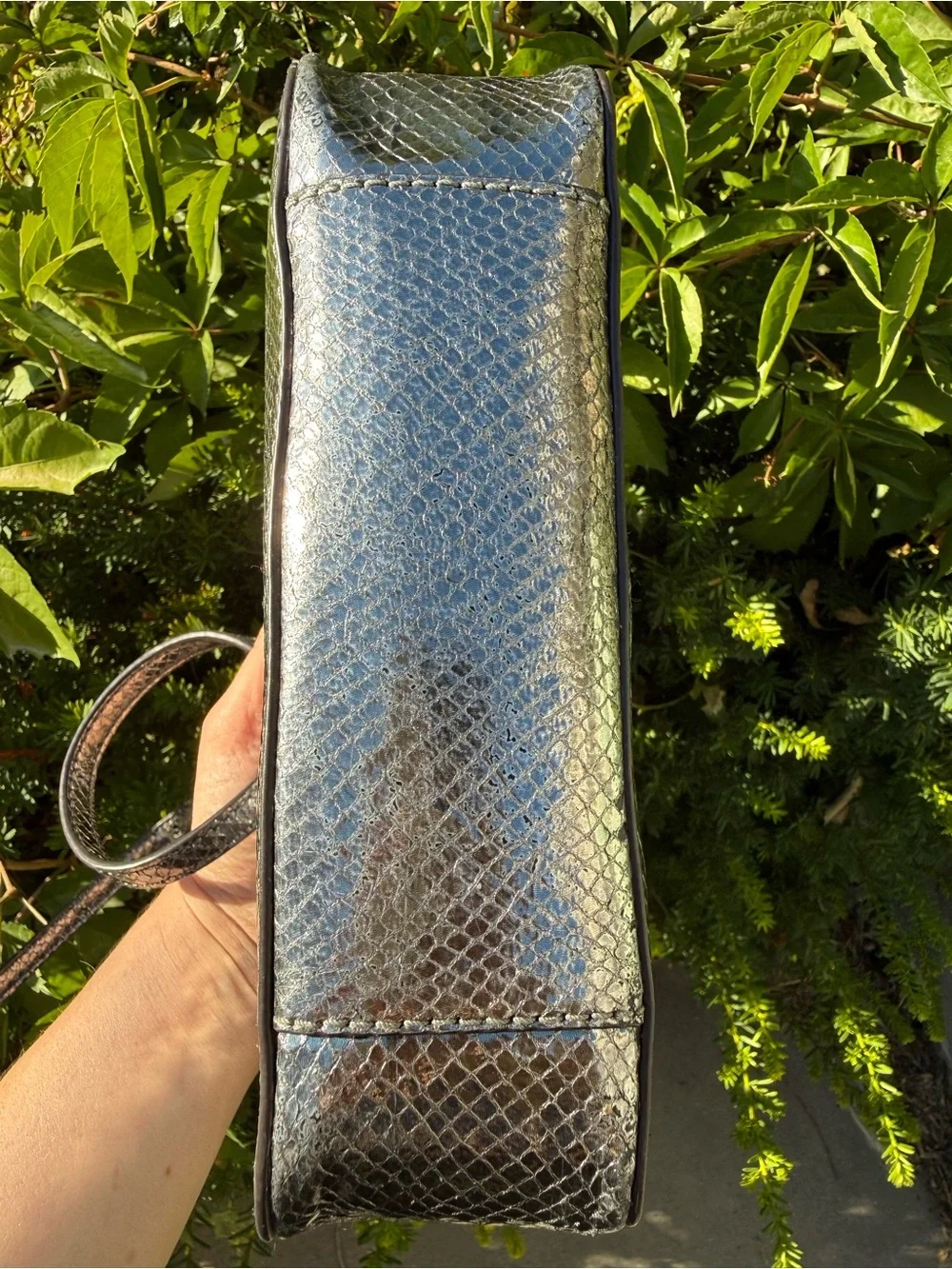 Michael Kors Ginny Metallic Pewter Snakeskin Camera Crossbody Bag READ DESC.